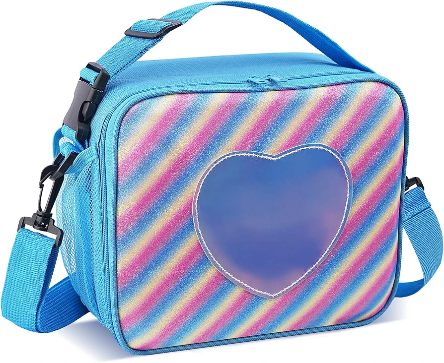 Lunch Box for Kids Girls, Insulated Rainbow Tote Bag Leakproof Thermal Cooler Reusable Lunch Bag for School Office Outdoor (Blue with Strap)