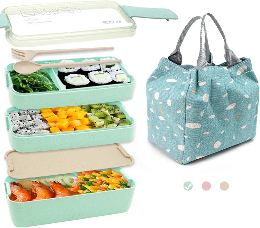 SITAKE Bento Box and Lunch Box for Kids, Come with Lunch Bag, Spoon and Fork, 3 Layer 900ml/32oz Bento Box Adult Lunch Box, Cute and Exquisite Japanese Snack Box for Adults (GREEN)