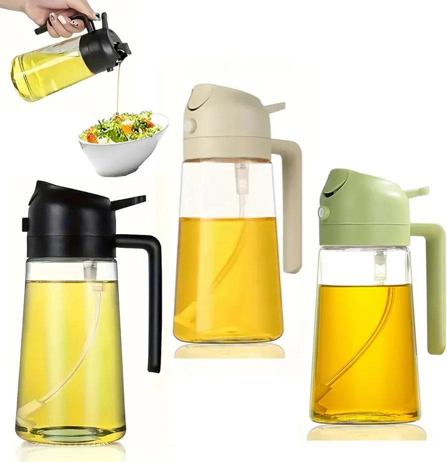 Honimered 3PCS 2 in 1 Oil Dispenser and Oil Sprayer,Oil Dispenser for Kitchen Spray,470ml Olive Oil Bottle,Cooking, Kitchen, Salad, Deep frying, Vinegar, Barbecue Spray Bottle (BLack Beige and Green)
