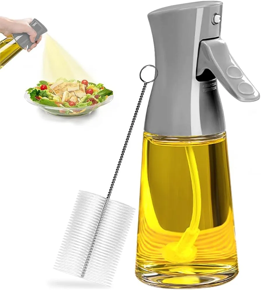 Oil Sprayer for Cooking, 180ml Glass Olive Oil Sprayer Bottle with Brush, Thick Glass, Large Range, Strong Spray Force, Kitchen Gadgets Accessories for Air Fryer (Grey)
