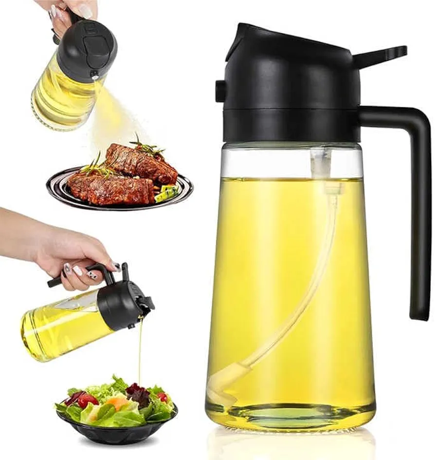 Multifunctional 2-in-1 Olive Oil Dispenser and Oil Sprayer Bottle | Glass 16oz Cooking Oil Dispenser for Kitchen | Ideal for Olive Oil, Vinegar, and Cooking Sprays