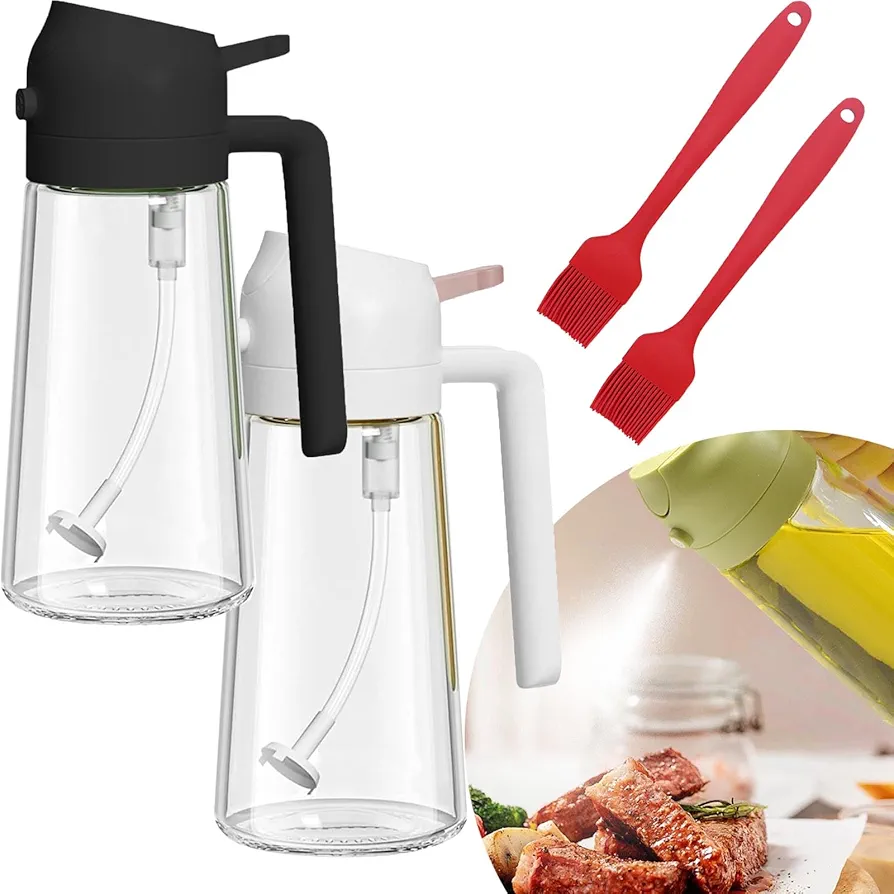 2 In 1 Glass Oil Sprayer & Dispenser with Brush, 2024 New 2-in-1 Glass Oil Sprayer and Dispenser for Kitchen Cooking, Spray Oil Dispenser for Kitchen, Food-grade Oil Mister Spray Bottle (SET D,470ml)