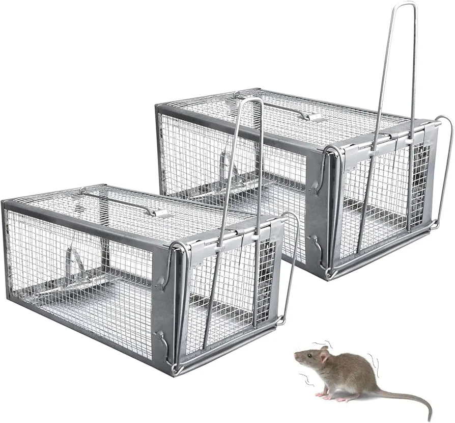 Humane Rat Trap，Easy to Catch and Release Live Animal Trap Mouse Trap Cage for Rodent Mice Voles Hamsters Chipmuck Squirrel，Metal & Reusable（2 Pack）