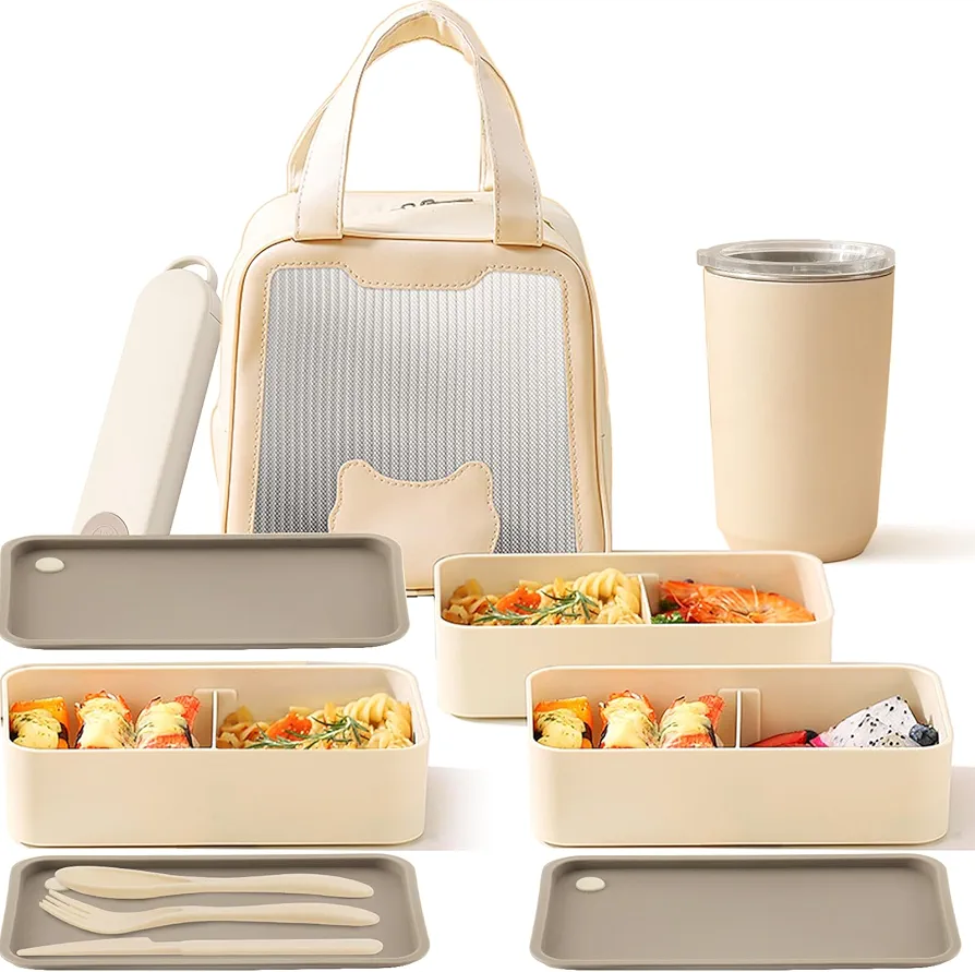 Large Bento Box for Adult - Portable Reusable 72 Oz Large Capacity Lunch Box with 3 Dividers Including Lunch Bag Cups Fork And Spoon Suitable For Work Picnic (Grey)