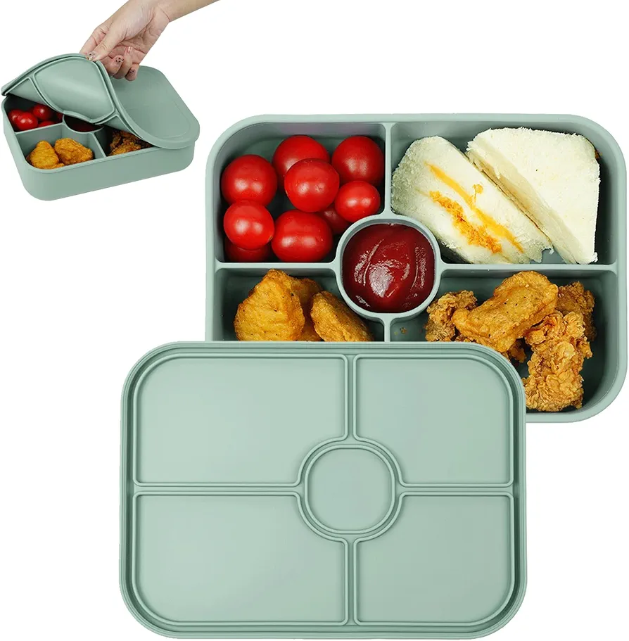 Leakproof Silicone Bento Box, 5 Compartments Bento Lunch Box, 44.3oz Meal Prep Containers Reusable, BPA-Free, Dishwasher & Microwave Safe, Divided Food Storage Lunch Container for Work Travel
