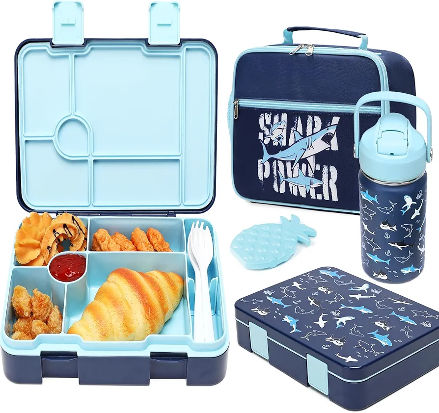 Bevalsa Kids Bento Lunch Box with 6 Compartment, Stainless Steel Metal Water Bottle, Insulated Bag, Ice Pack & Utensils, BPA-Free Leakproof Food Container for School Boys Girls