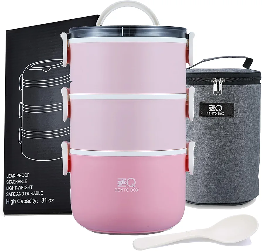 ZZQ Bento Box Adult Lunch Box with Lunch Bag/Spoon, All-in-One Leakproof Stackable Lunch Box Containers for Women, Men, BPA Free Microwave Safe 3-Tier Lunch Box Bento Boxes Adult, Pale Pink