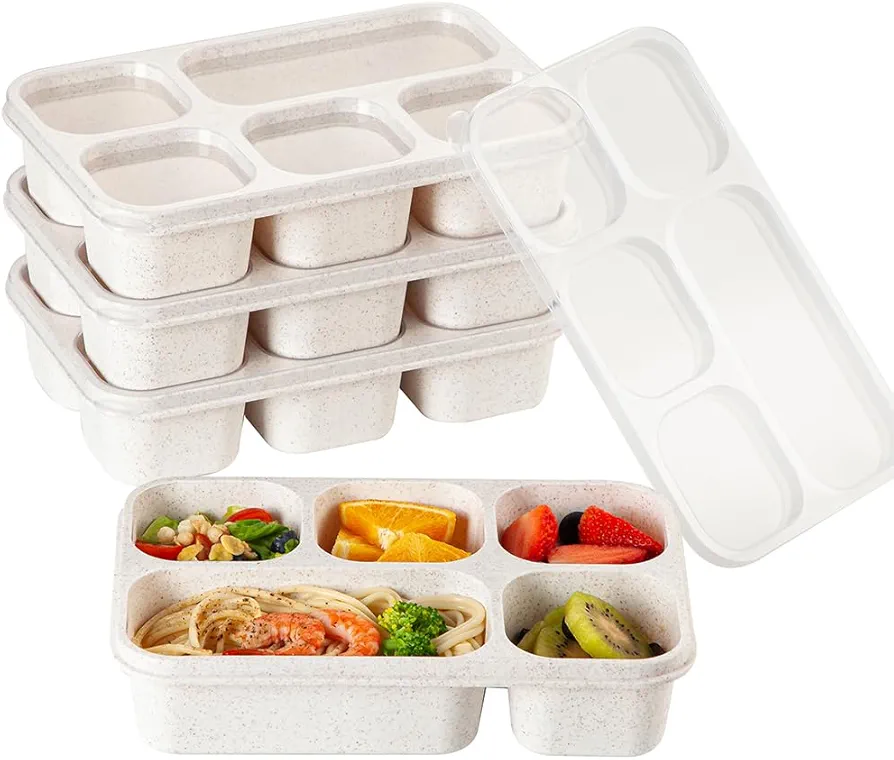 Adult Lunch Box, Snack Box for Kids, 4 Pack 5 Compartment Meal Prep Containers Reusable Wheat Straw Bento Box Lunchable Container Food Storage Prep Containers for School, Work and Travel