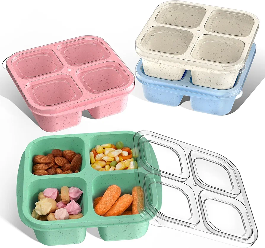 Bento Box For Kids Lunch Box and Snack Containers （4 Pack）, 4 Compartment Meal Prep Containers Reusable, Snack Boxes for Kids and Adults, BPA Free (Wheat(Beige/Green/Blue/Pink))