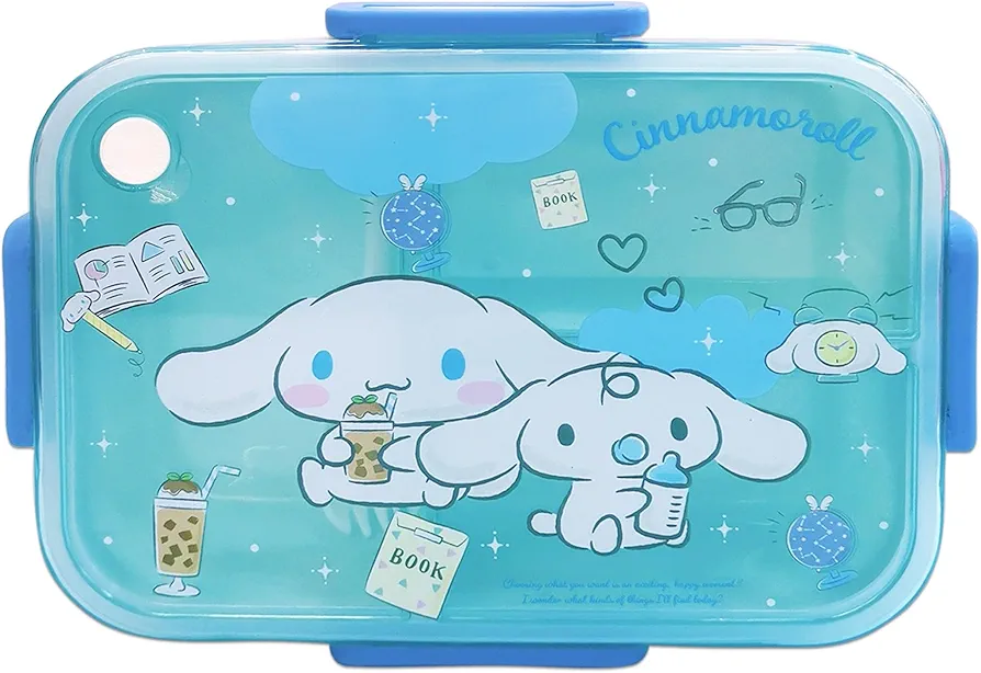 Roffatide Cartoon Cute Cinnamoroll Printed All-in-One Bento Boxes with Spoon Kawaii 4-Point Lock Type Lunch Box Containers for Food Fruit Snack