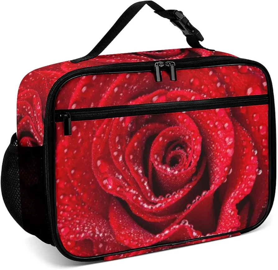 Bloom Red Roses Reusable Lunch Box Insulated Lunch Bag Cooler Bag Lunchbox Meal Food Container Tote Bag for Women Kids Girls School Camping Hiking Picnic Beach Travel