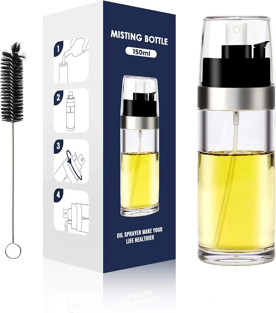 Oil Sprayer for Cooking, Olive Oil Sprayer Mister for Cooking Refillable Oil Vinegar Dispenser for BBQ Baking Roasting, Grilling, Salad, 150ml with brush