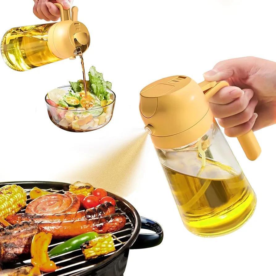 Oil Sprayer for Cooking, 2 in 1 Olive Oil Dispenser Bottle for Kitchen, 16oz/470ml Premium Glass Oil Bottle, Food-grade Oil Mister for Air Fryer, Salad, Frying, BBQ Yellow