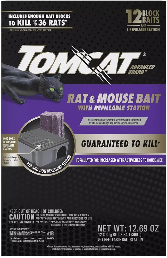 Tomcat Advanced Brand Rat & Mouse Bait with Refillable Station, Indoor and Outdoor Use, 1 Station and 12 Poison Block Refills