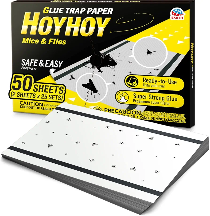 HOY HOY Mice & Flies Glue Trap Paper - 50 Traps [1 Pack] Ready-to-Use Super Strong Glue Multi-Purpose Pest Rodent Killer Trap, Gnat Moth Insects Spider Crickets Roach Rat Snake Lizard, Made in Japan