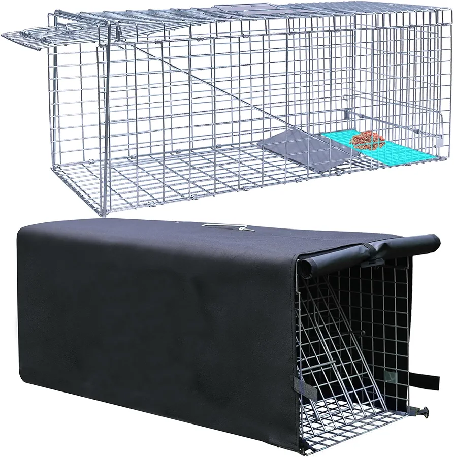 Live Animal Trap Cage with Cover, Cat Trap for Stray Cats 32 Inch Heavy Duty Folding Skunk Trap with Real Door for Raccoons, Opossums, Groundhogs, Skunks, Feral Cats, Squirrels-2 Packs