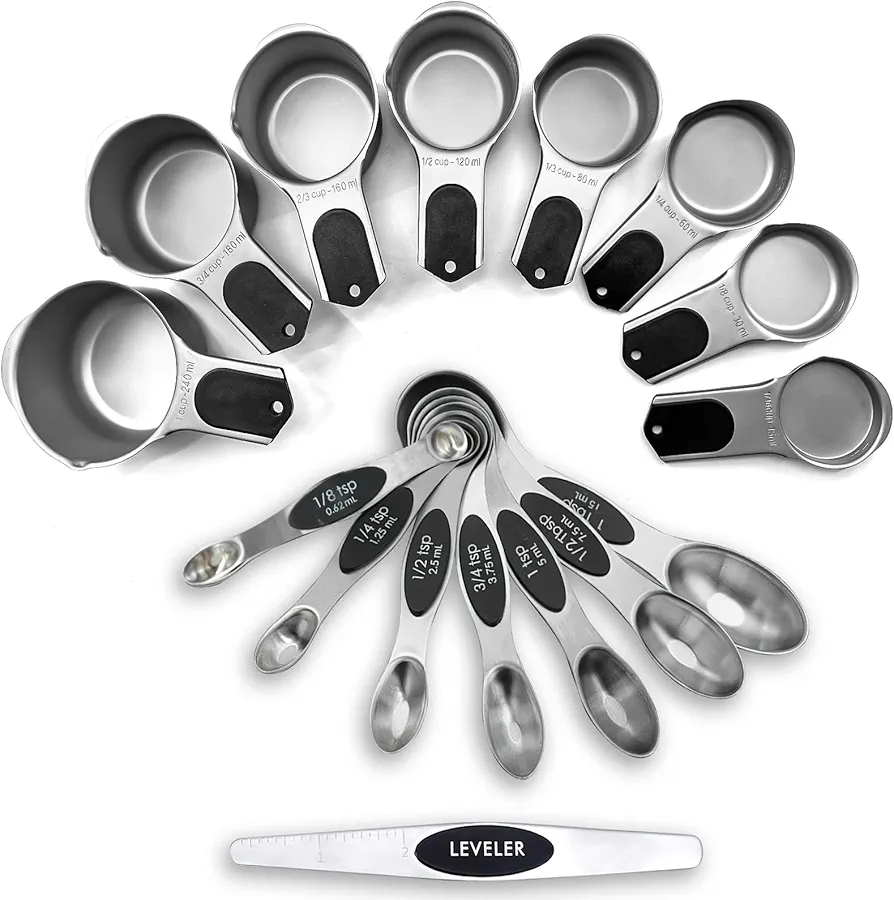 Magnetic Measuring Cups & Spoons Set of 17, 8 Heavy Duty Stainless Steel Measuring Cups & 7 Double-Sided Spoons + 1 leveler, Stackable Kitchen Gadgets for Baking & Cooking, Black