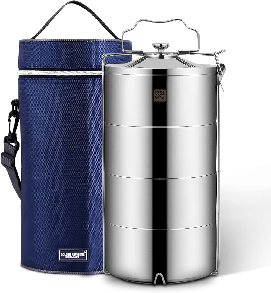 GOLDEN KEY Stainless Steel Stackable Lunch Box for Adult, Huge Capacity Bento Box with Stackable 4 Tier Insulated Food Container, and Lunch Bag (120 Ounces 4-Layers Bento)