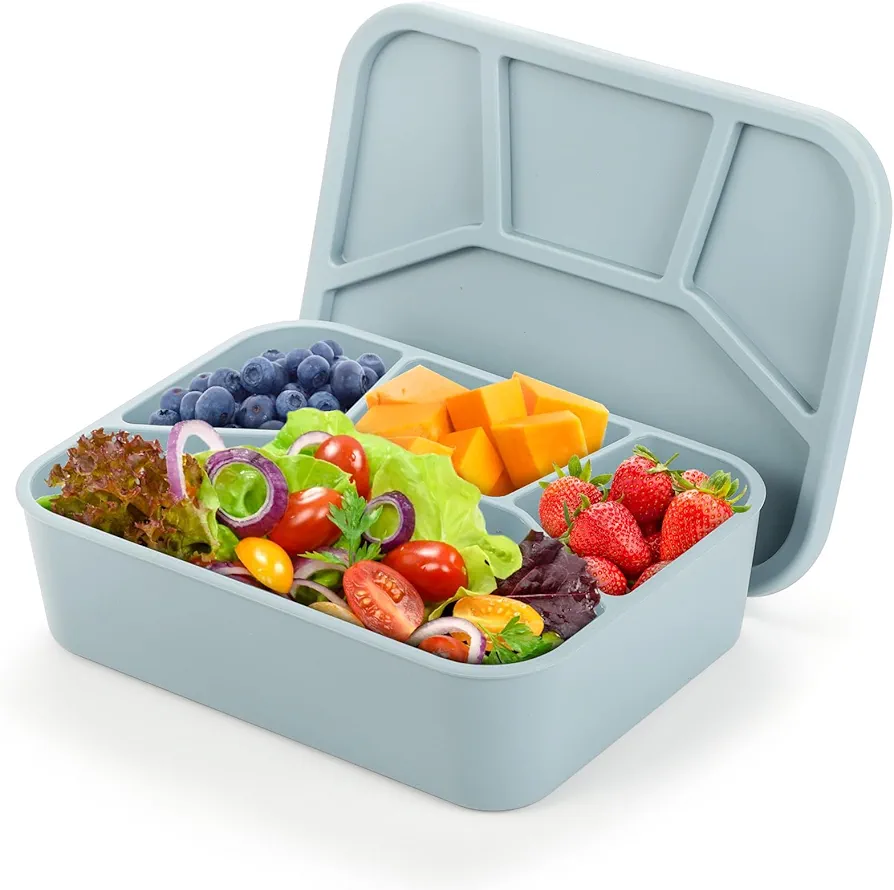 Silicone Bento Box, 4 Compartment LeakProof Lunch Box With Lid, 42 Oz Unbreakable Food-Grade Divided Storage Container for Adult Kid, BPA Free, Oven Dishwasher Freezer Safe (Grayish Blue)