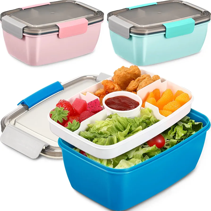 3 Packs Salad Lunch Container for Adult 68 oz Large Bento Lunch Box Salad Bowl with 5 Compartments Salad Dressings Container Bento Style Tray for Toppings Blue Green Pink