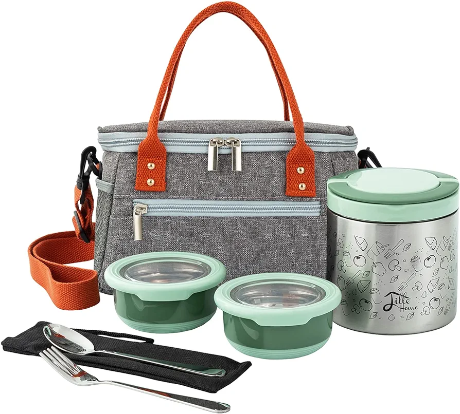 Lille Home Lunch Box Set, A Vacuum Insulated Bento/Snack Box Keeping Food Warm for 3-4 Hours, Two Stainless Steel Food Containers, A Lunch Bag, A Portable Cutlery Set