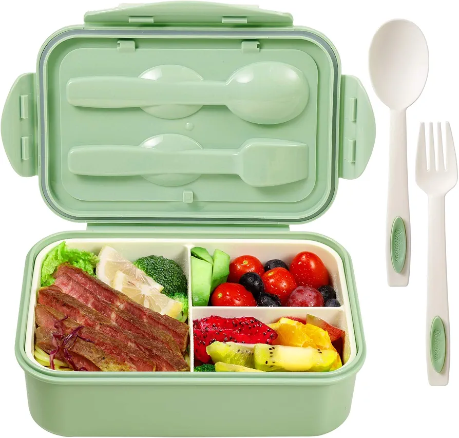 Geomate Bento Boxes for Adults Lunch Containers for Kids Bento Lunch Box 3 Compartments Microwave Safe(Flatware Included,Green) 1