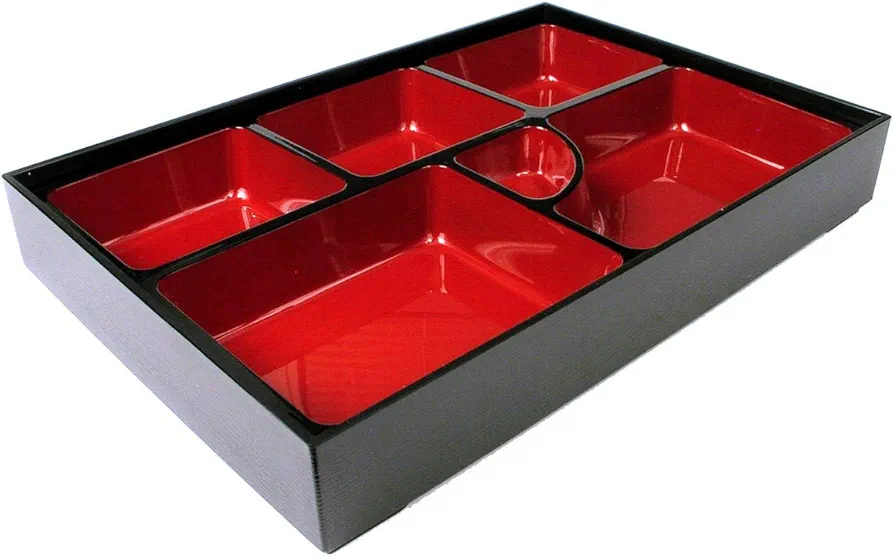 JapanBargain 1591, Red and Black Japanese Traditional Plastic Lacquered Lunch Bento Box 6 Compartments for Restaurant or Home Tray and Plate 2pc Set Made in Japan, 11.75"x9.5"