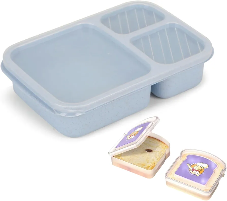 Bento Lunch Box Containers - 3 Compartment Wheat Straw Meal Prep Containers for Adult, BPA Free Plastic Reusable,Microwave & Dishwasher Safe,Portable Toast Bread Sandwich Box