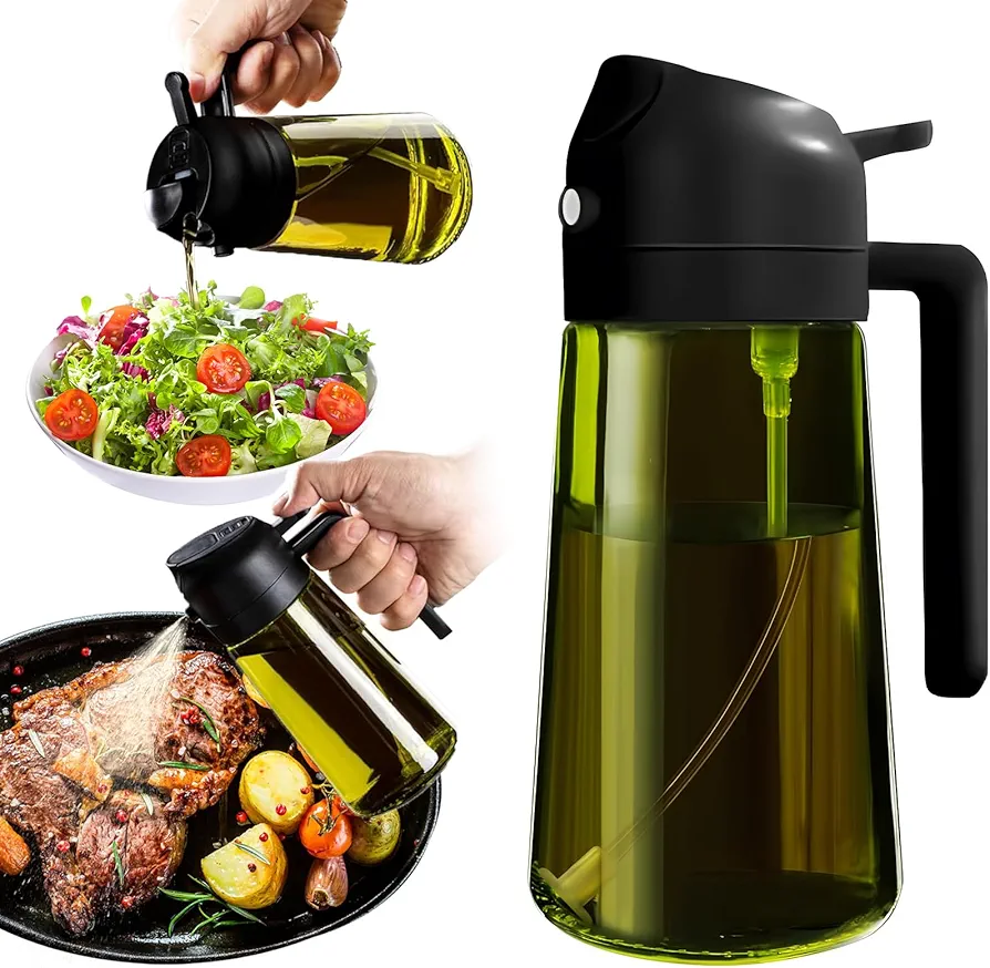 oil dispenser 2 in 1 Oil Sprayer for Cooking 16oz/470ml Glass Oil Spray Bottle Food-grade Oil Dispenser and Oil Sprayer for Kitchen, Salad, Frying, BBQ (Dark Green Bottle-Black Cover)