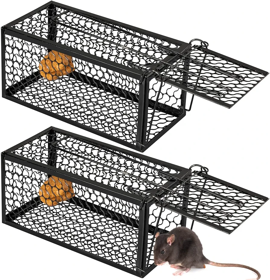 Qualirey 2 Pcs Humane Rat Trap Chipmunk Rodent Trap Mouse Trap Squirrel Trap Small Live Animal Trap Mouse Voles Hamsters Live Cage Rat Mouse Cage Trap for Mice Easy to Catch and Release (Black)