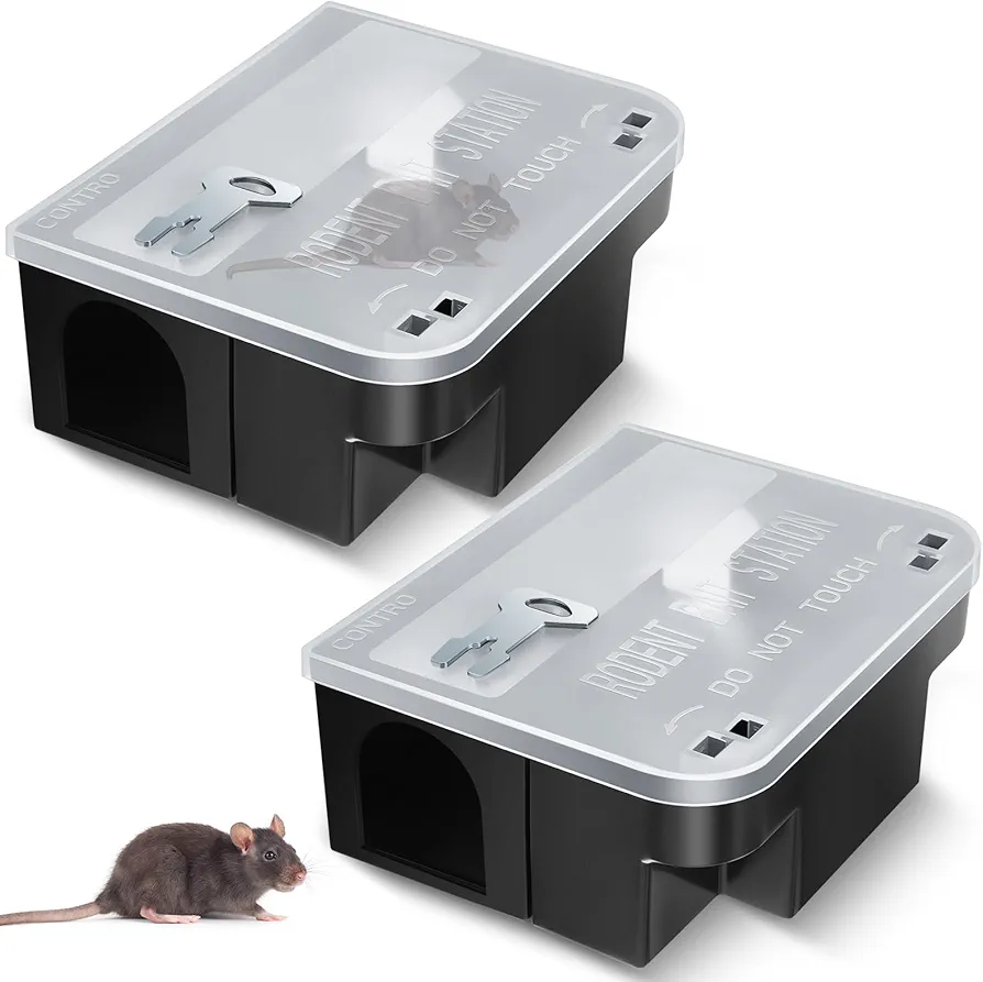Qualirey 2 Pcs Rat Bait Station 8.86 x 7.28 x 3.62 Inches Rat Bait Traps with Clear Lid, Black Bait Blocks Boxes with 2 Keys for Rat, Keeps Children and Pets Safe Indoor & Outdoor, Bait Not Included