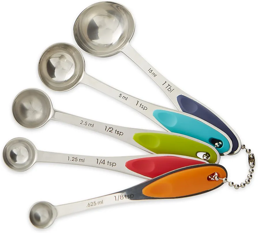 RSVP International Endurance Kitchen Collection Measuring Tools, Dishwasher Safe, Colored Handles, 5 Piece, Stainless Steel