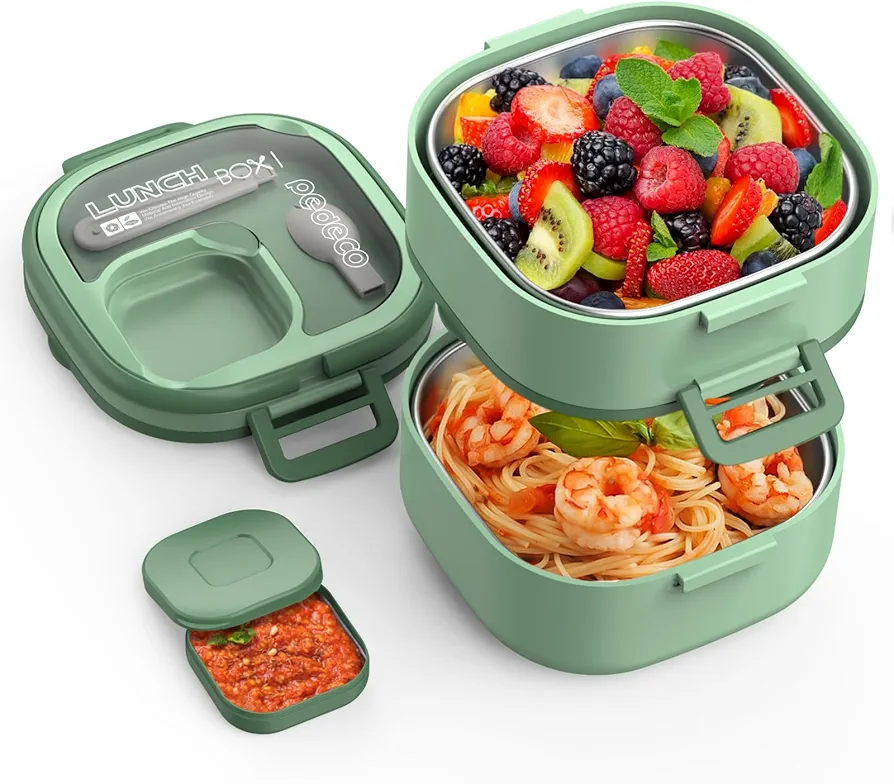 Double Layer Kid Bento Box,removable lunch box and stainless steel compartments,Leak-Proof,Bento Box With Portable and Cutlery,BPA-Free,Dishwasher Safe,Green