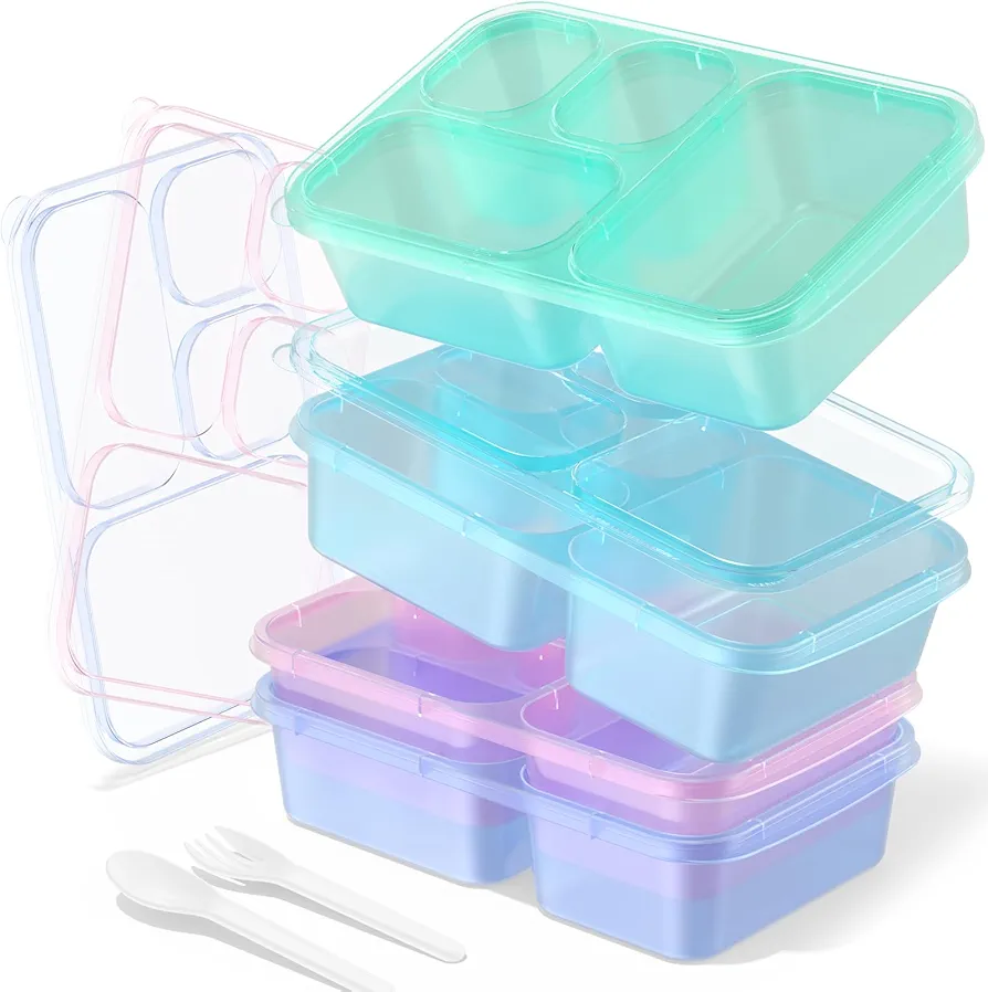 Bento Lunch Box for kids-4 Pack, Meal Prep Container Microwave Safe, Lunch Box of 4-Compartment, Bento Box Adult Lunch Box, Snack Box Containers (Transparent(Purple/Blue/Green/Pink))