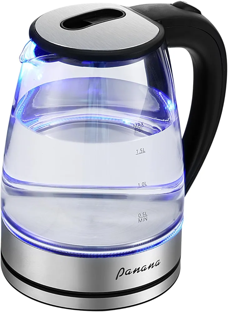 Panana Electric Kettle, 1.8L Glass Kettles with Blue LED, 1500W, Built-In Mesh Filter, Fast Boil, Easy to Clean, Boil-Dry Protection, BPA Free