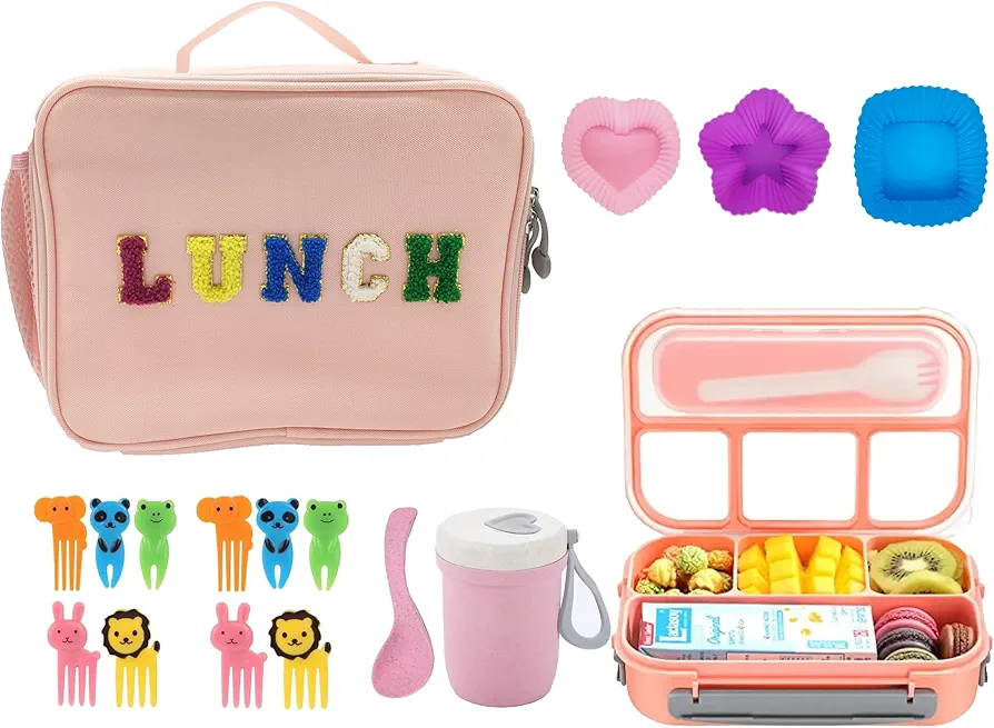 15 Pieces Bento Box Lunch Box Kit Pink Insulated Lunch Bag 3 Layer Stackable Leakproof Lunch Box Containers with Cup,Lunch Bag,Spoon,Fork,(Pink)