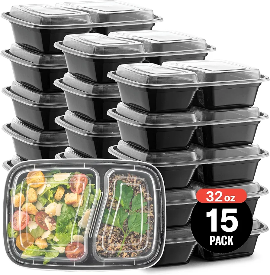 15-Pack Reusable Meal Prep Container Microwave Safe Food Storage Containers with Lids, 32 oz - 2 Compartment Take Out Disposable Plastic Bento Lunch Box To Go, BPA Free - Dishwasher & Freezer Safe