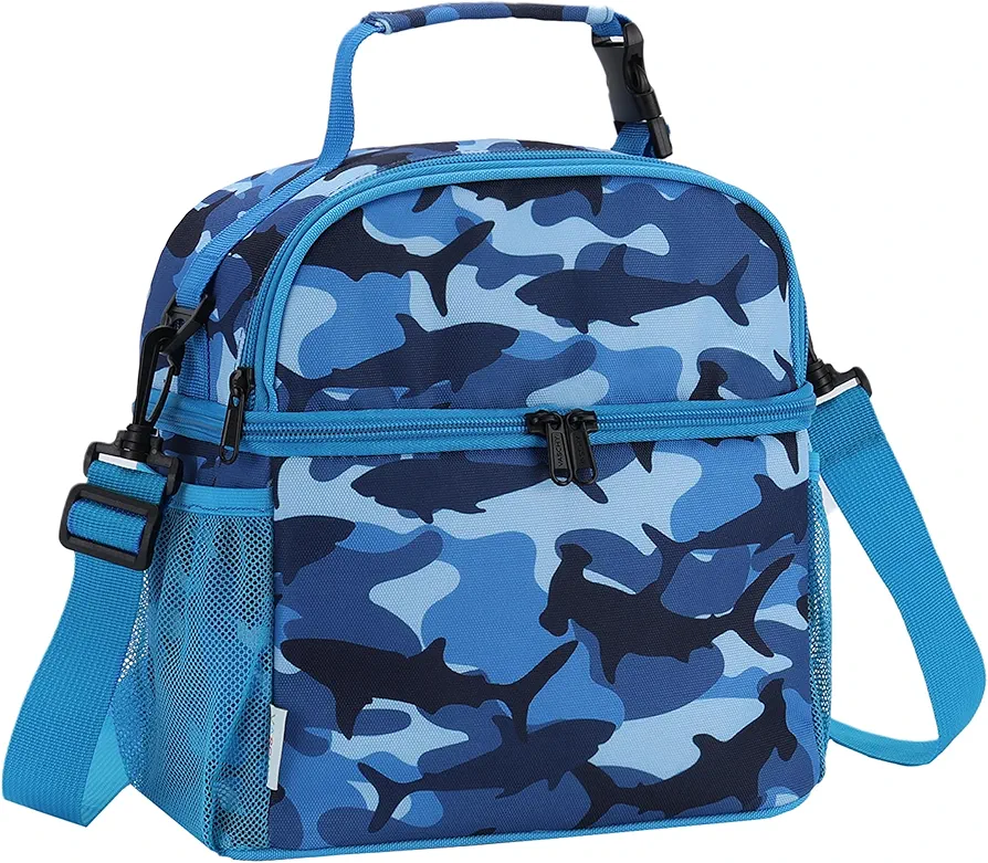 VASCHY Lunch Box Bag for Kids, Insulated Double Compartments Cooler Lunch Tote for Toddlers Girls School/Daycare/Picnic Sharks
