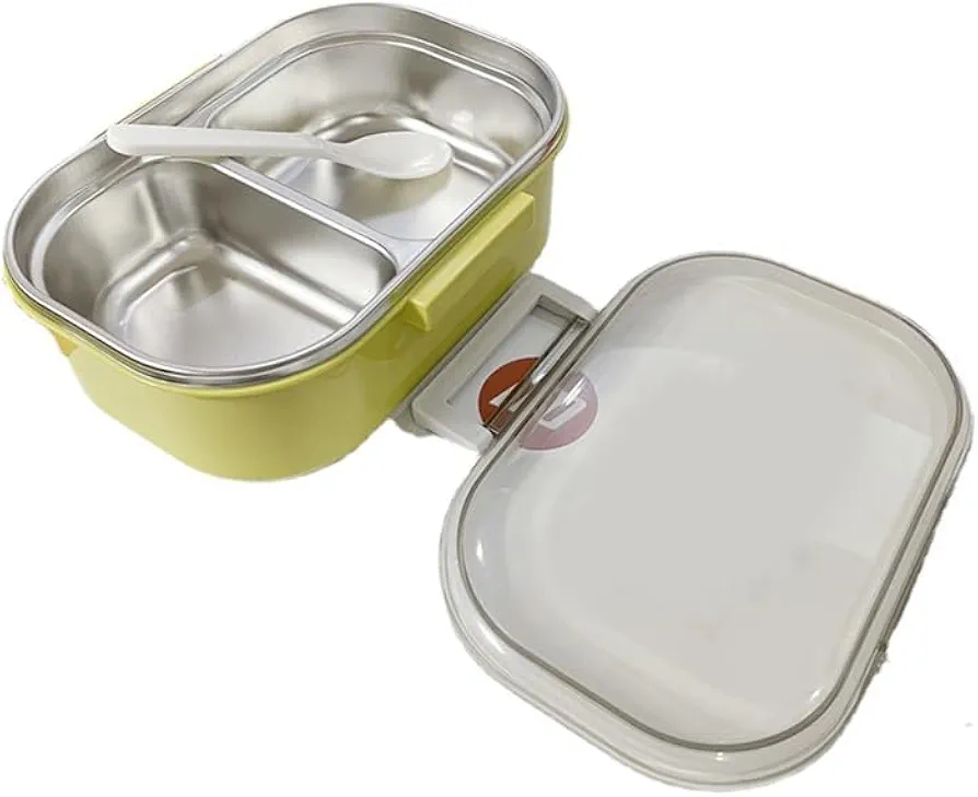 LIZEALUCKY Lunch Box, 2 Compartments Bento Box Lunch Container Portable Bento Box Stainless Steel Liner Safety Lunch Box for Adult,7.9x5.3x3.1in (Yellow and Green)