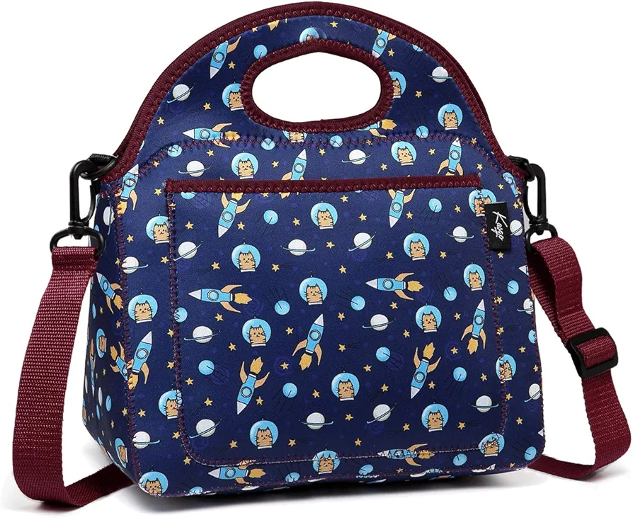 Kasqo Lunch Bag for Boys, Neoprene Insulated Kids Lunch Tote Children’s Lunch Box with Front Pocket and Detachable Adjustable Shoulder Strap in Unique Astronaut