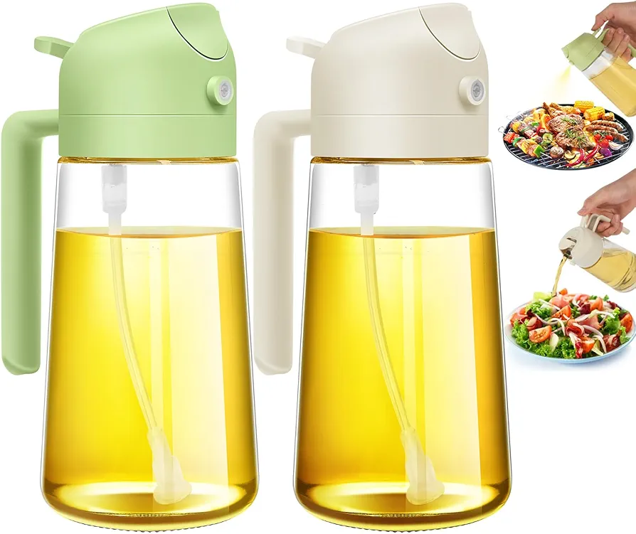 Oil Sprayer for Cooking,2 in 1 Olive Oil Dispenser and Oil Sprayer,16oz/470ml Premium Glass Oil Bottle, Oil Spray Bottle,Mist Olive Oil Dispenser for Kitchen,Air Fryer,Salad, Grill. (white + green)