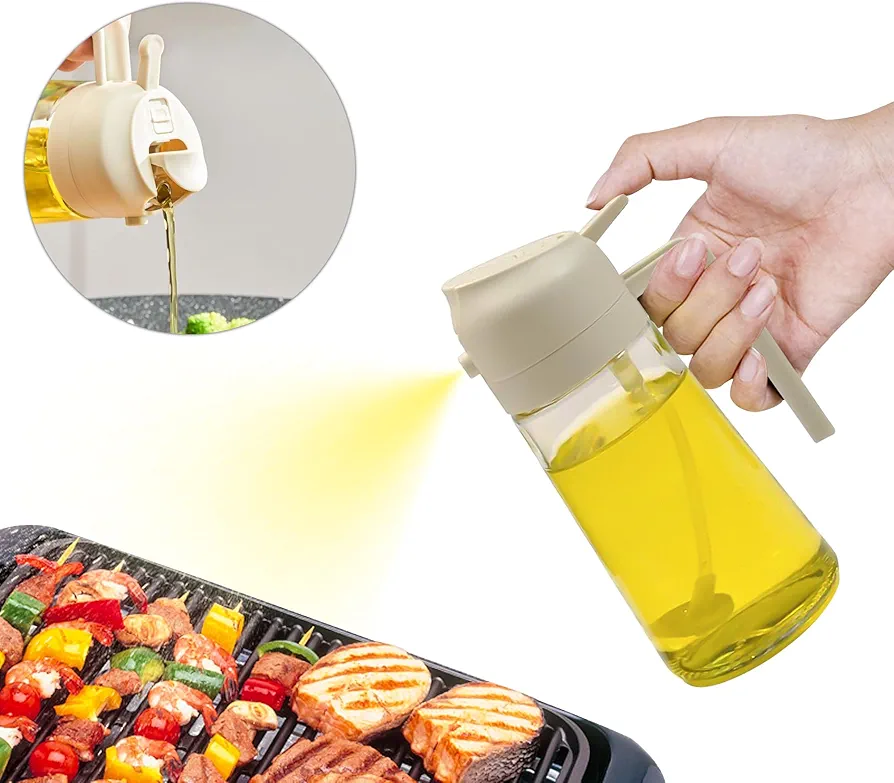 Cooking Oil Sprayer Kitchen 2 in 1 Olive Oil Sprayer 16 OZGlass Spray and Pour Dual-Purpose Oil Bottle Suitable for Frying Salad Grilling Cooking (A - White)