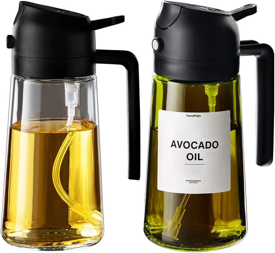 TrendPlain 2-Pack 16oz Olive Oil Dispenser Set - Original & Light-Blocking Bottles with Stickers - 2 in 1 Oil Dispenser and Sprayer Black