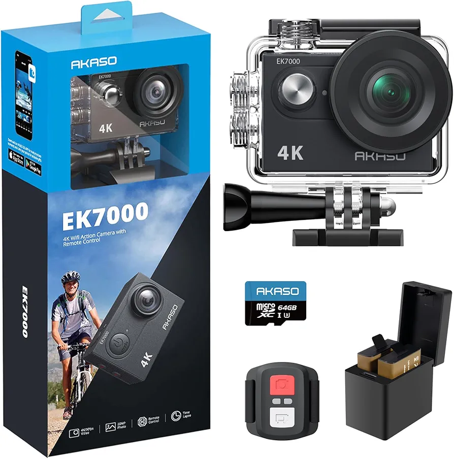 AKASO EK7000 4K30fps Action Camera with 64GB MicroSDXC U3 Memory Card Accessories Kit Bundle Ultra HD 131FT Waterproof Camera EIS WiFi Remote Control 4X Zoom Underwater Camera (With 64GB MicroSD Card)