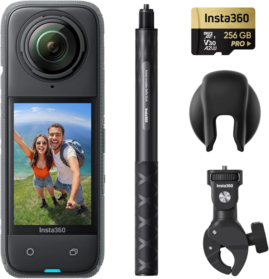 Insta360 X4 Motorcycle Bundle - 8K Waterproof 360 Action Camera, 4K Wide-Angle Video, Invisible Selfie Stick Effect, Removable Lens Guards, 135 Min Battery Life, AI Editing, Stabilization, for Sports