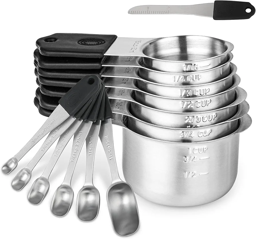Magnetic Measuring Cups & Spoons Set 14, Heavy Duty Stainless Steel Measuring Cups and Spoons Set for Baking & Cooking, BPA Free, Round Measuring Set with Leveler, Black