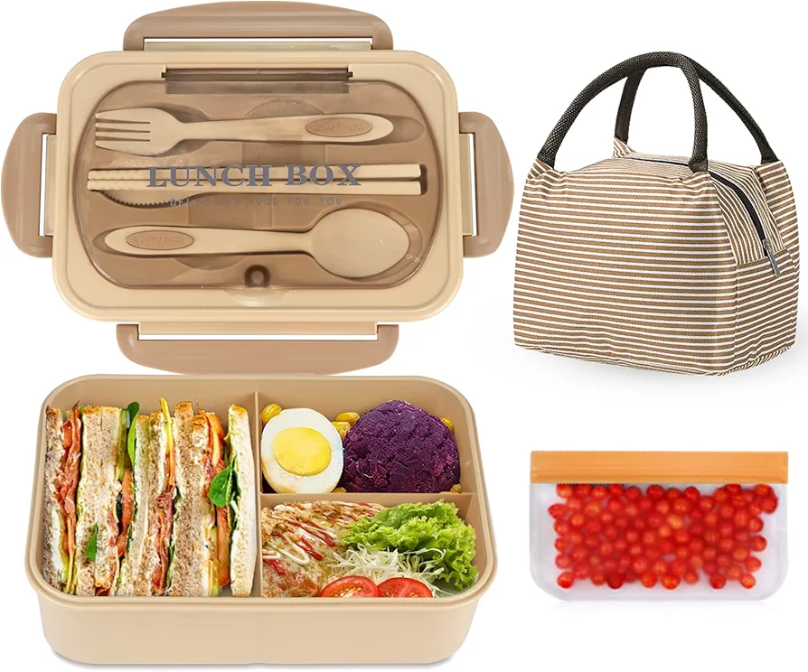 NatraProw Bento Box Adult Lunch Box with Bag, Lunch Containers for Adults, Leakproof Lunch Box for Adult, BPA Free, 3 Compartment Bento Box Microwave safe, Lunch Bag with Containers Included, Khaki