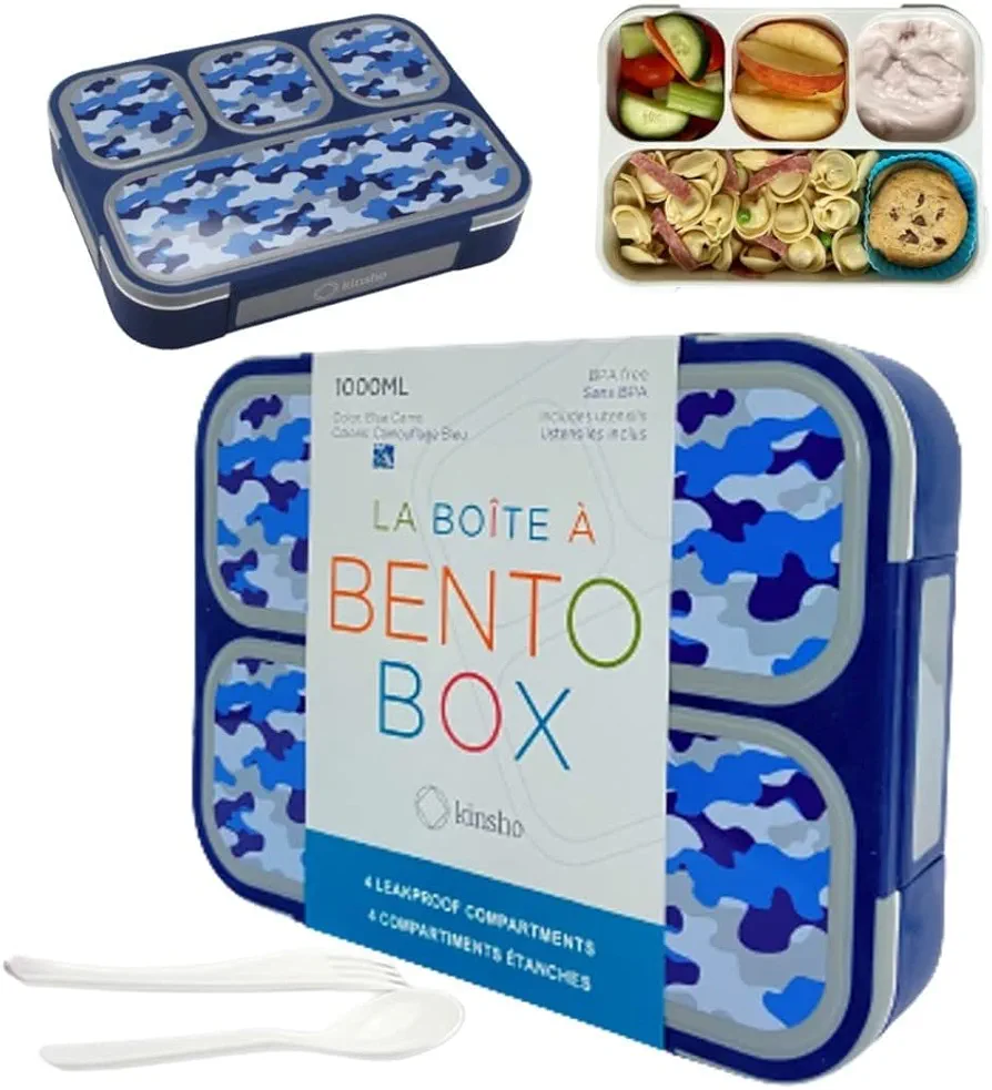 kinsho Camo Lunch-Box for Boys, Bento Box for Kids | Portion Containers for Snacks or School Lunches, BPA Free Boxes Meal Containers Loncheras Para Niños | Blue Camouflage 4 Compartments