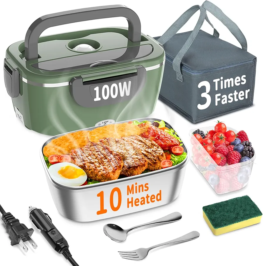 Electric Heated Lunch Box 100W - 3-IN-1 Fast Heating Lunch Boxes Portable Food Heater for Adults,12V/24V/110V 1.5L Lunch Box with Leak-Proof Lid for Car Truck Office (3 Times Faster)