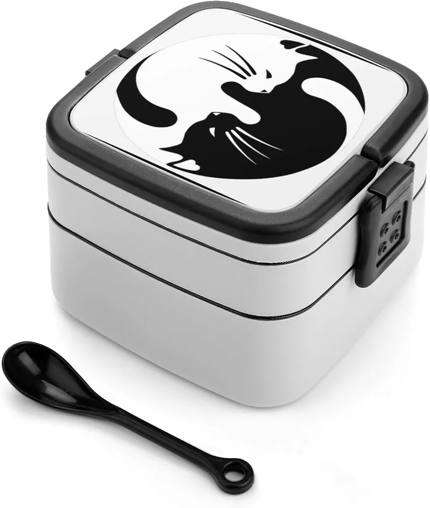 Yin Yang Lucky Cat Bento Lunch Box with 2 Compartments Leak-Proof Food Containers with Spoon